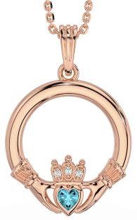 Diamond Aquamarine Rose Gold Silver Claddagh Necklace