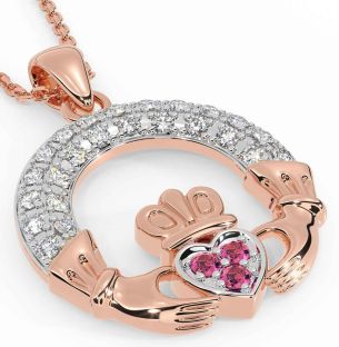 Diamond Pink Tourmaline Rose Gold Claddagh Necklace