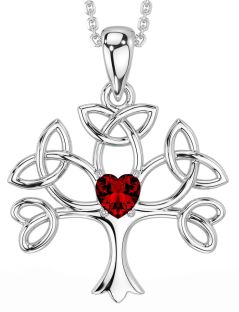 Garnet Silver Celtic Tree of Life Trinity Knot Necklace