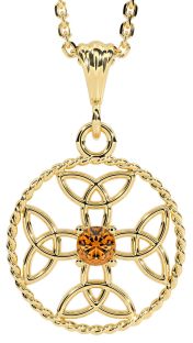 Citrine Gold Silver Celtic Cross Trinity Knot Necklace