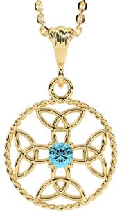 Aquamarine Gold Celtic Cross Trinity Knot Necklace