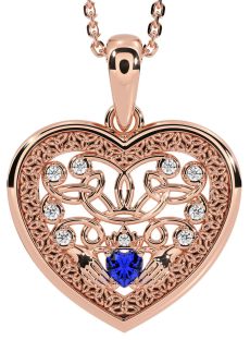 Diamond Sapphire Rose Gold Silver Celtic Claddagh Trinity Knot Heart Necklace