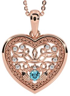 Diamond Aquamarine Rose Gold Celtic Claddagh Trinity Knot Heart Necklace