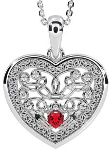 Diamond Ruby White Gold Celtic Claddagh Trinity Knot Heart Necklace