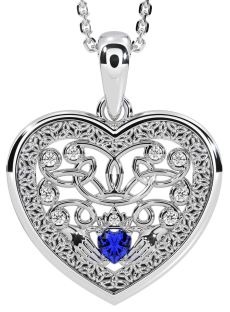 Diamond Sapphire White Gold Celtic Claddagh Trinity Knot Heart Necklace