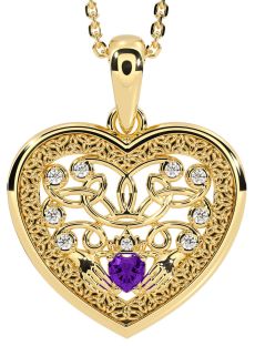 Diamond Amethyst Gold Celtic Claddagh Trinity Knot Heart Necklace