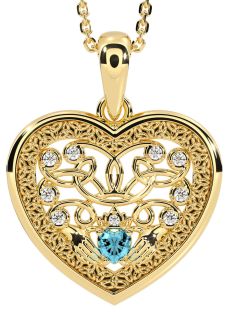 Diamond Aquamarine Gold Celtic Claddagh Trinity Knot Heart Necklace