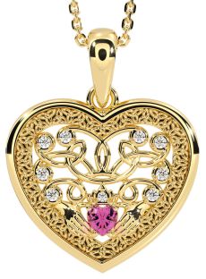 Diamond Pink Tourmaline Gold Celtic Claddagh Trinity Knot Heart Necklace