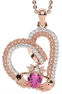 Diamond Pink Tourmaline Rose Gold Silver Claddagh Trinity knot Necklace