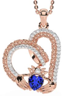 Diamond Sapphire Rose Gold Silver Claddagh Trinity knot Necklace