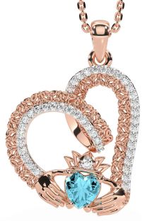 Diamond Aquamarine Rose Gold Claddagh Trinity knot Necklace