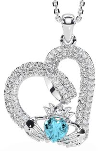 Diamond Aquamarine White Gold Claddagh Trinity knot Necklace