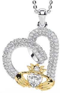 Diamond White Yellow Gold Claddagh Trinity knot Necklace