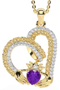 Diamond Amethyst Gold Claddagh Trinity knot Necklace