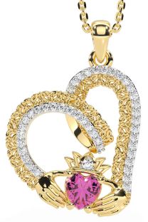 Diamond Pink Tourmaline Gold Claddagh Trinity knot Necklace
