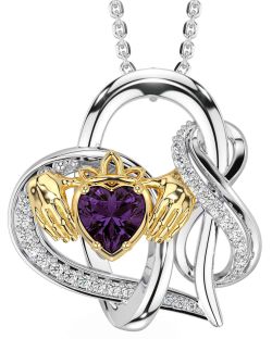Diamond Alexandrite Gold Silver Claddagh Infinity Necklace