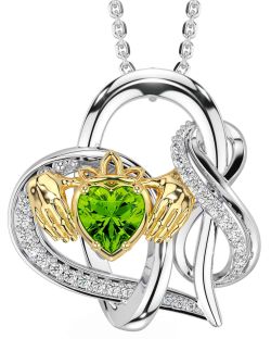 Diamond Peridot Gold Silver Claddagh Infinity Necklace
