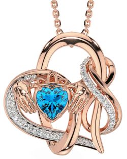 Diamond Topaz Rose Gold Silver Claddagh Infinity Necklace