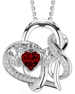 Diamond Garnet Silver Claddagh Infinity Necklace