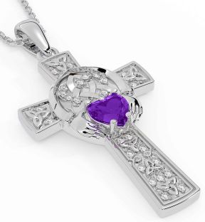 Diamond Amethyst Silver Claddagh Trinity Knot Celtic Cross Necklace