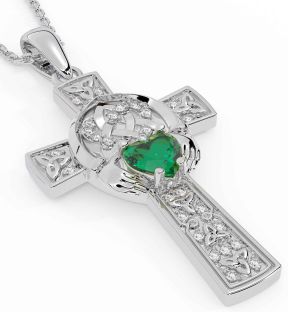 Diamond Emerald White Gold Claddagh Trinity Knot Celtic Cross Necklace