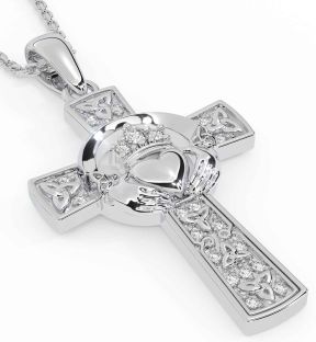 Diamond Silver Claddagh Trinity Knot Celtic Cross Necklace