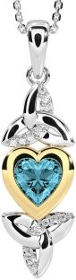 Diamond Aquamarine Gold Silver Celtic Trinity Knot Heart Necklace
