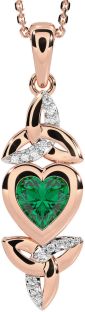 Diamond Emerald Rose Gold Celtic Trinity Knot Heart Necklace