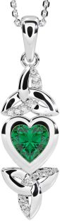 Diamond Emerald Silver Celtic Trinity Knot Heart Necklace