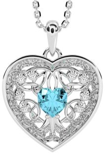 Diamond Aquamarine Silver Celtic Tree of Life Trinity Knot Heart Necklace