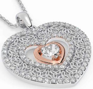 Diamond Rose Gold Silver Celtic Trinity Knot Heart Necklace