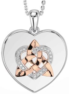 Diamond White Rose Gold Celtic Trinity Knot Heart Necklace