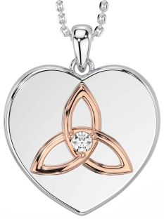 Diamond Rose Gold Silver Celtic Trinity Knot Heart Necklace