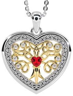 Diamond Ruby Gold Silver Celtic Tree of Life Trinity Knot Heart Necklace