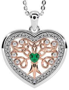 Diamond Emerald White Rose Gold Celtic Tree of Life Trinity Knot Heart Necklace