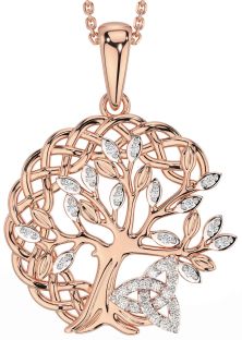 Diamond Rose Gold Silver Celtic Trinity Knot Tree of Life Necklace