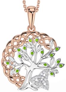 Diamond Peridot Rose Gold Silver Celtic Trinity Knot Tree of Life Necklace