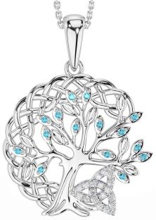 Diamond Aquamarine Silver Celtic Trinity Knot Tree of Life Necklace