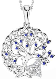 Diamond Sapphire Silver Celtic Trinity Knot Tree of Life Necklace