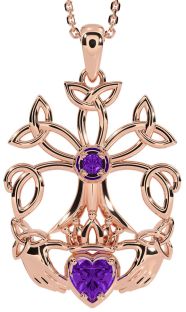 Amethyst Rose Gold Silver Claddagh Trinity knot Celtic Tree of Life Necklace