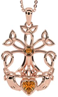 Citrine Rose Gold Silver Claddagh Trinity knot Celtic Tree of Life Necklace
