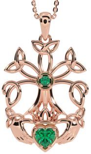Emerald Rose Gold Silver Claddagh Trinity knot Celtic Tree of Life Necklace