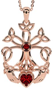 Garnet Rose Gold Silver Claddagh Trinity knot Celtic Tree of Life Necklace