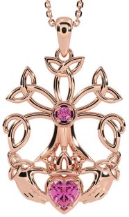 Pink Tourmaline Rose Gold Silver Claddagh Trinity knot Celtic Tree of Life Necklace