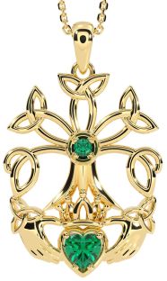 Emerald Gold Silver Claddagh Trinity knot Celtic Tree of Life Necklace