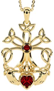 Garnet Gold Silver Claddagh Trinity knot Celtic Tree of Life Necklace