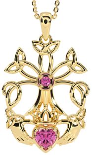 Pink Tourmaline Gold Silver Claddagh Trinity knot Celtic Tree of Life Necklace