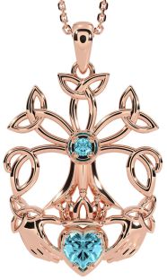 Aquamarine Rose Gold Claddagh Trinity knot Celtic Tree of Life Necklace