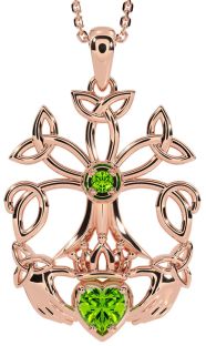 Peridot Rose Gold Claddagh Trinity knot Celtic Tree of Life Necklace