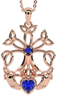 Sapphire Rose Gold Claddagh Trinity knot Celtic Tree of Life Necklace